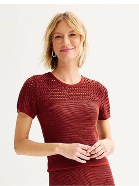 3 for $20 Nine West Open-Stitch Short Sleeve Sweater - Deep Red Size Small